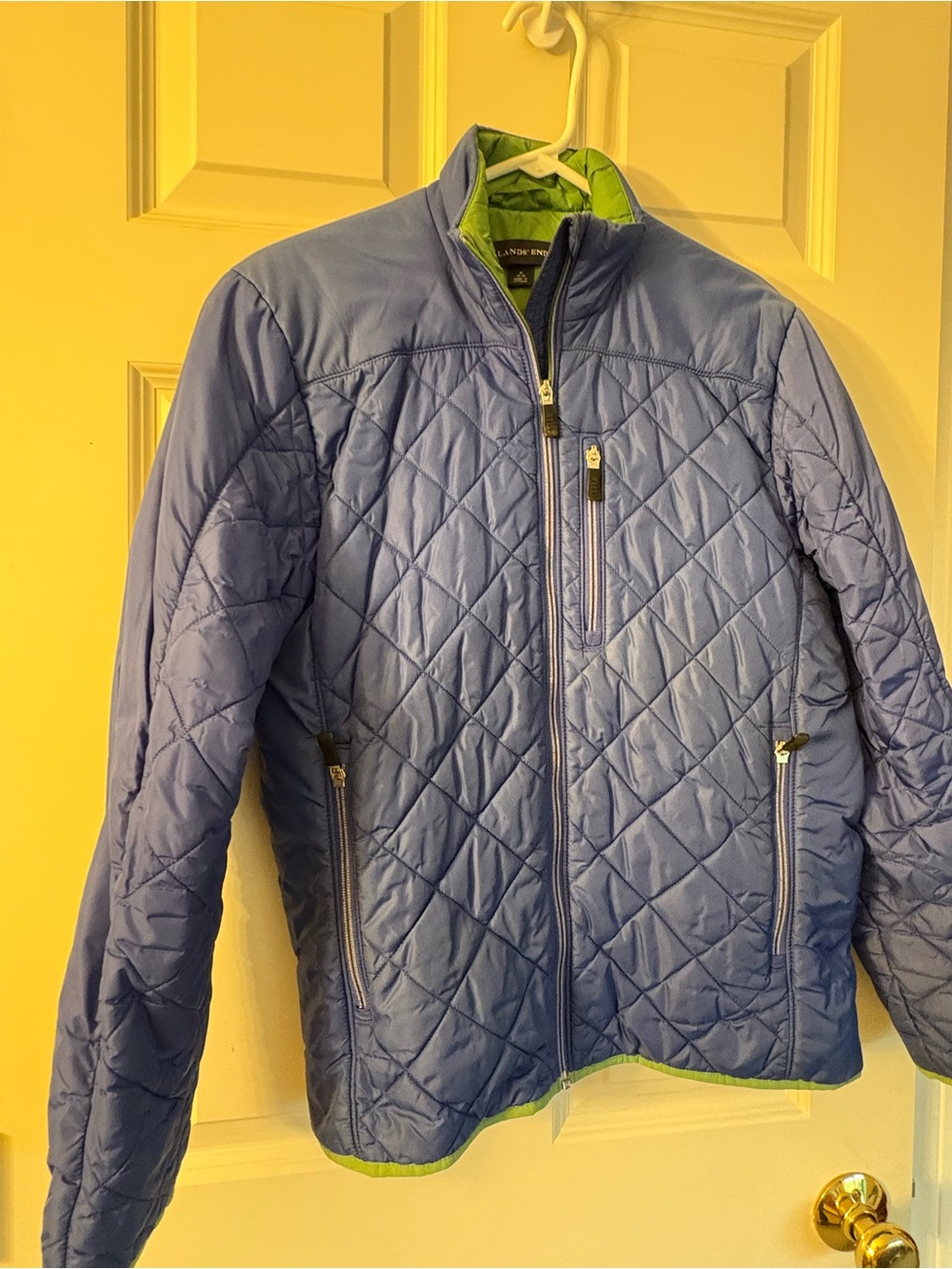 Lands' End Men's Quilted Royal Blue Jacket with GreenAccents